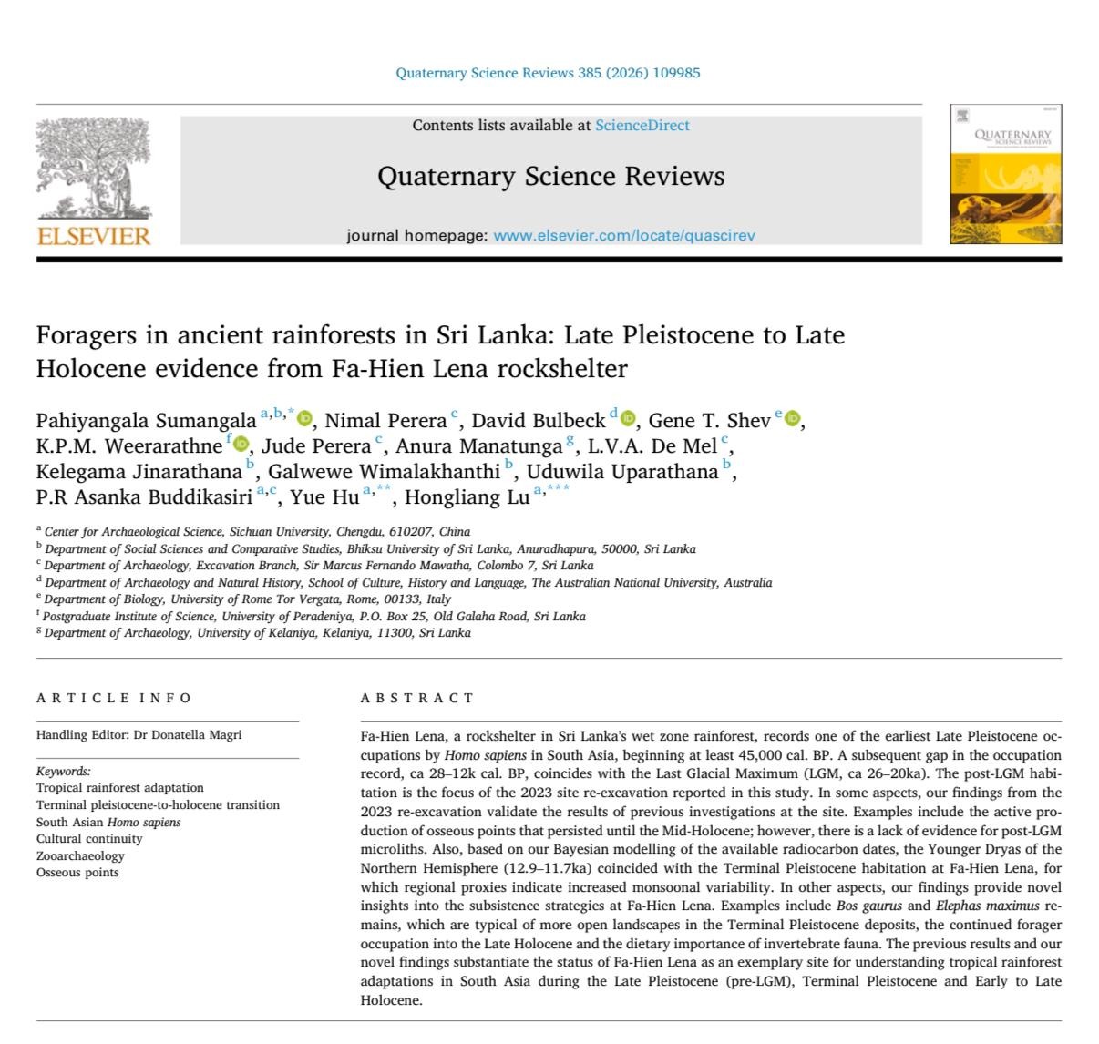 Read more about the article Foragers in ancient rainforests in Sri Lanka: Late Pleistocene to Late Holocene evidence from Fa-Hien Lena rockshelter