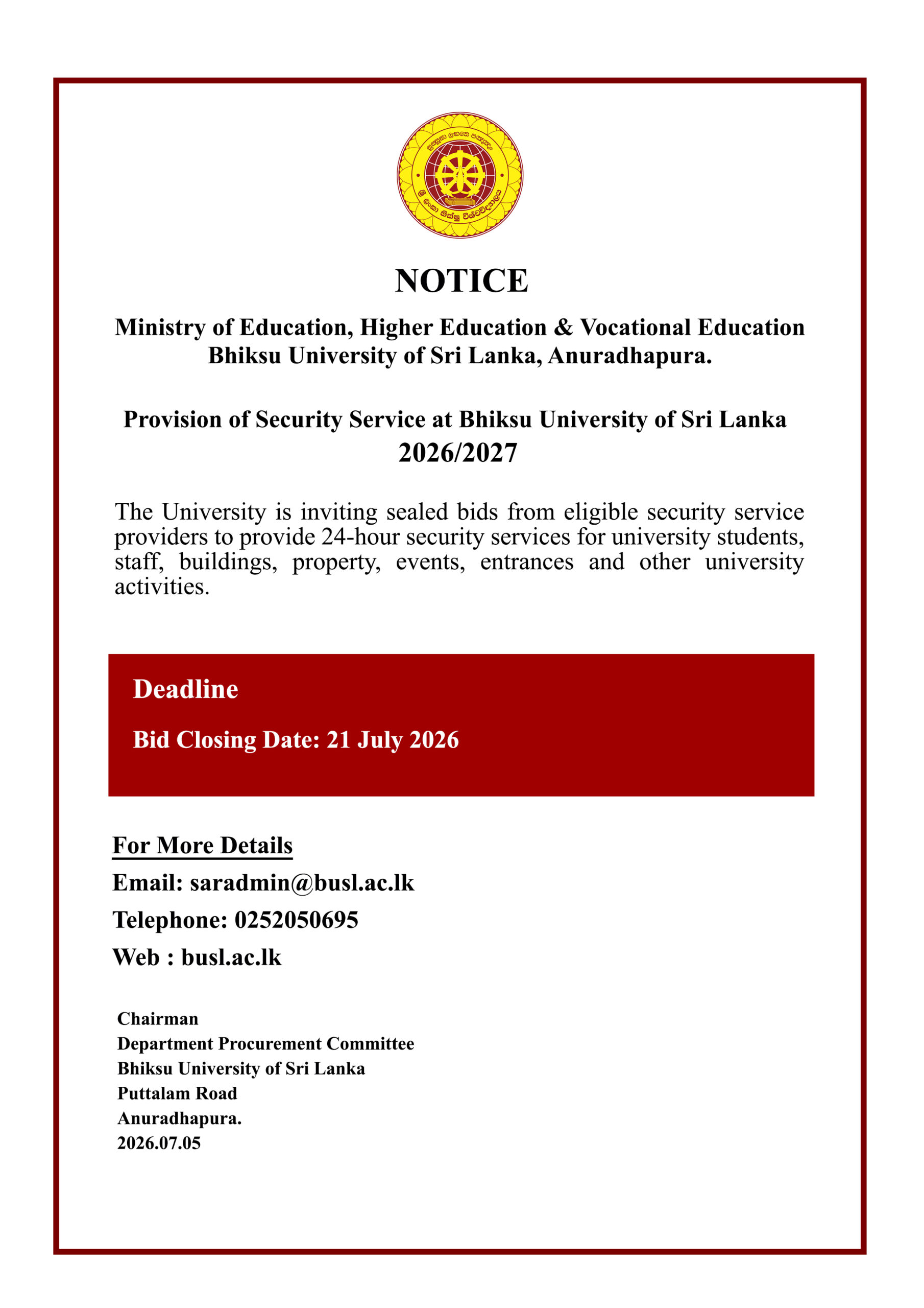 You are currently viewing Provision of Security Service at Bhiksu University of Sri Lanka – 2026/2027